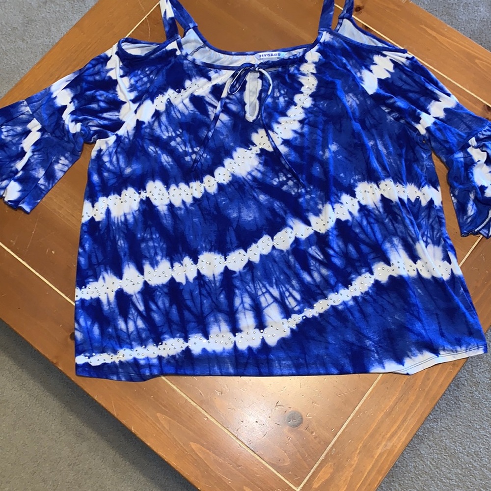 Peter Nygard Cold Shoulder Top Size XL Royal White Tie Dye Bling Soft